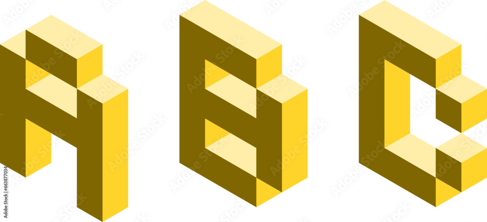 Obraz premium ABC Voxel Art 3D Style Isometric Perspective View Shaded Yellow Letter Icon Illustration. Vector Image.