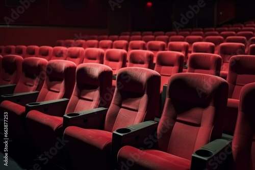 Empty red seats in a movie theater with a show name template. Generative AI