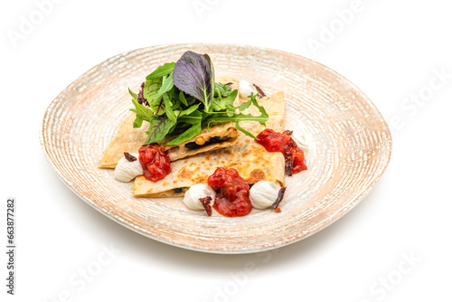 Mexican food molotes with sauces on white background photo