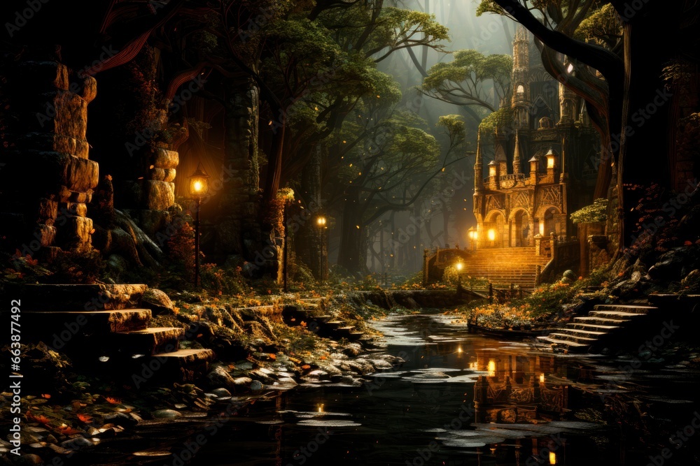 The forest beckons, opening the gates to a fantasy realm where magic dances on the green leaves The forest beckons, opening the gates to a fantasy realm where magic dances on the green leaves