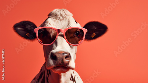 Chilling Cow wearing sunglasses on a plain color background