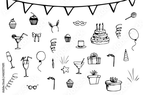 Birthday doodle icon element. Hand drawn sketch doodle birthday cake, balloon, event decoration element. Party, carnival celebration concept background. Vector illustration