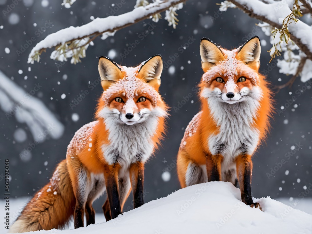 Obraz premium Two Foxes In The Snow