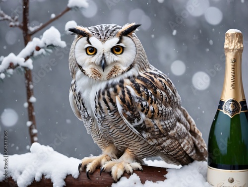 A Snowy Owl Sitting On A Wooden Fence With A Bottle Of Champagne