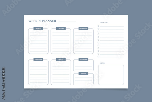 weekly planner template Vector. Blank white notebook page A4.