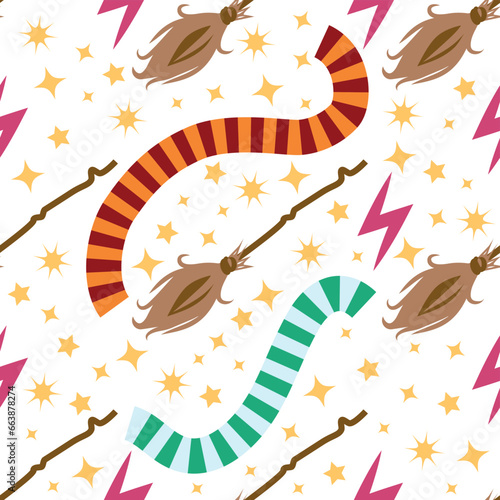 Witches school of magical objects seamless pattern in flat style