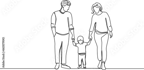 continuous single line drawing of parents walking with child in middle holding hands, happy family line art vector illustration