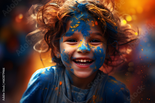 Portrait of beautiful kid face covered in colorful powder