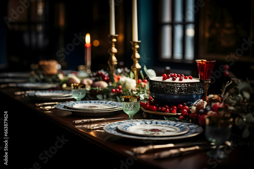 Close up cinematic shot Holiday New Years table. High quality