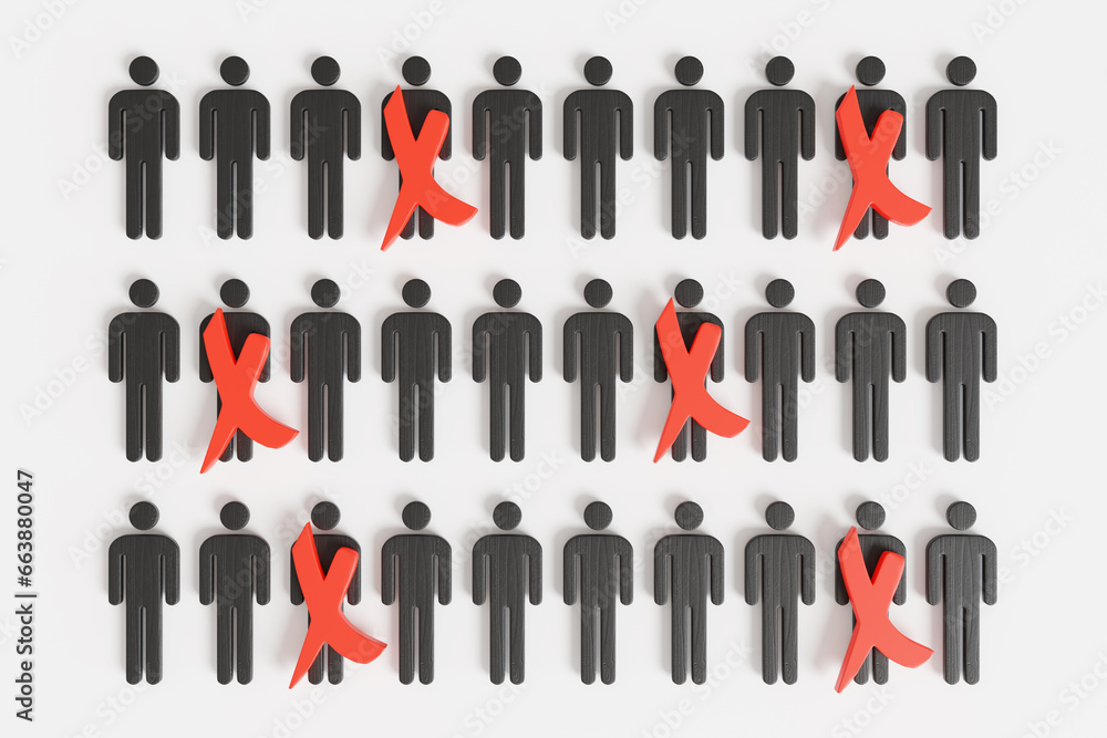 Rows of black human shaped wooden block with red crosses above some of them. Illustration of the concept of downsizing and layoff of employees and selection of candidates Rows of black human shaped wooden block with red crosses above some of them. Illustration of the concept of downsizing and layoff of employees and selection of candidates