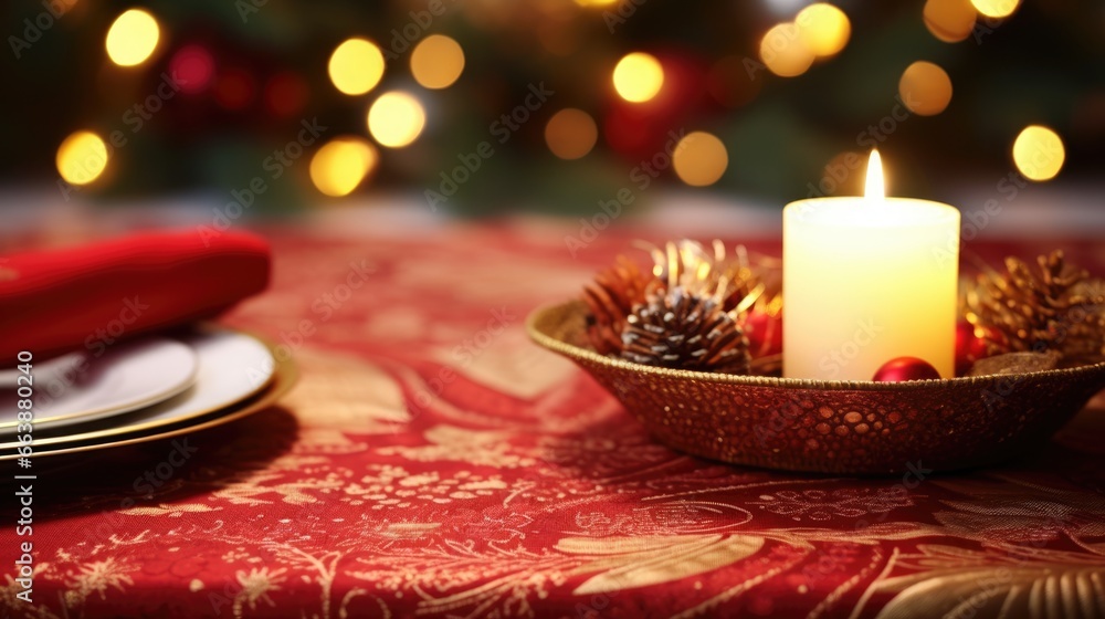 Christmas glowing burning candles, lights and holiday decorations Advent Background. Christmas Decoration With Ornament. Festive mood. Cozy, magical home atmosphere..