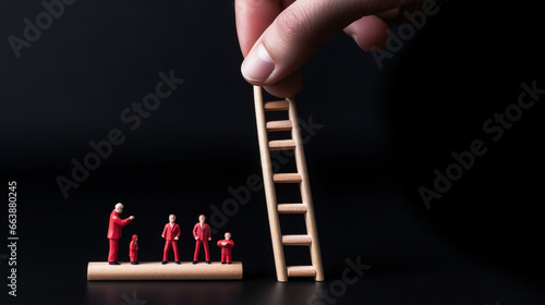 Businessman hand placing red wooden man doll on top of ladder on black background. generative ai