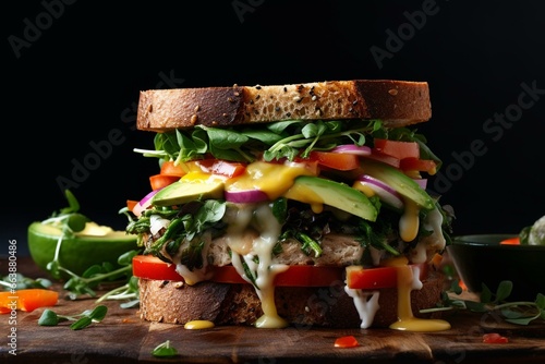 Bursting sandwich, veggies, cheese, dark – created by. Generative AI