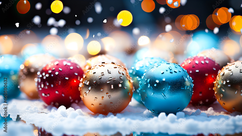 Christmas balls with snowflakes and baubles on snow with bokeh lights in the background. 3D rendering. Generative AI technology. Christmas balls with snowflakes and baubles on snow with bokeh lights in the background. 3D rendering. Generative AI technology.