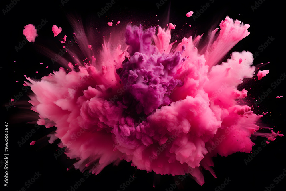 Pink powder explosion isolated on black background - obrazy, fototapety, plakaty 