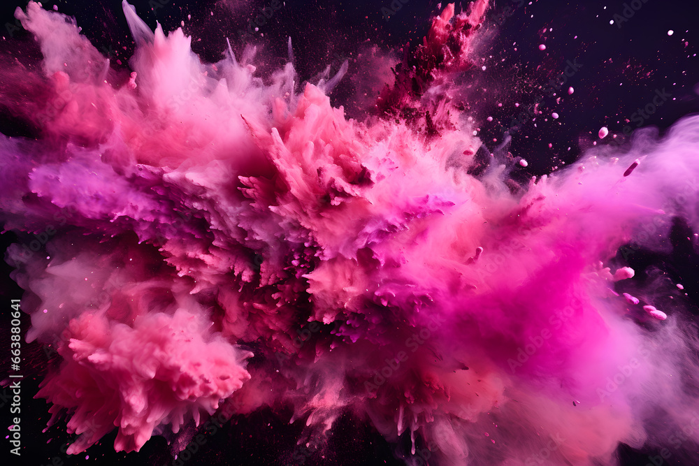 Pink powder explosion isolated on black background