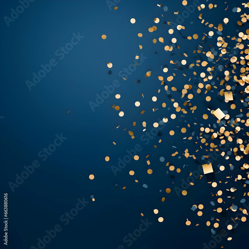 Blue flat background with gold confetti on the blue background. High quality