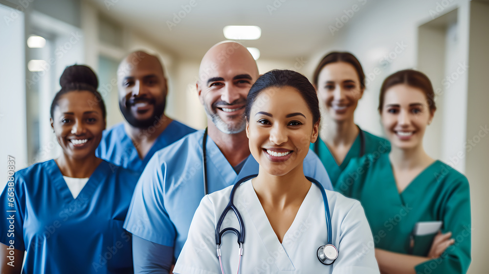 Fototapeta premium Multiracial group portrait of healthcare workers. Teamwork and colleagues background.