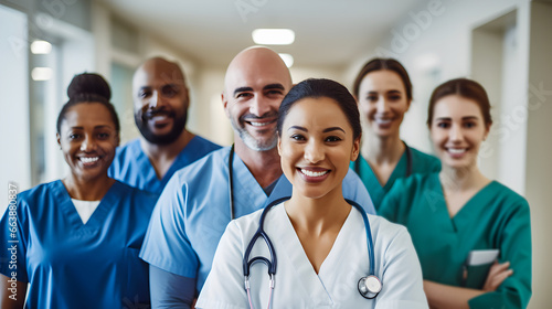 Multiracial group portrait of healthcare workers. Teamwork and colleagues background.