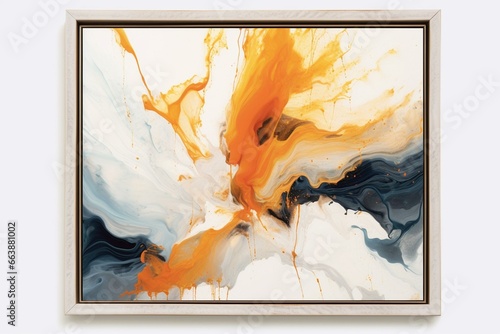 A square frame with a golden border on a white background featuring an abstract painting of lyrical abstraction. Generative AI