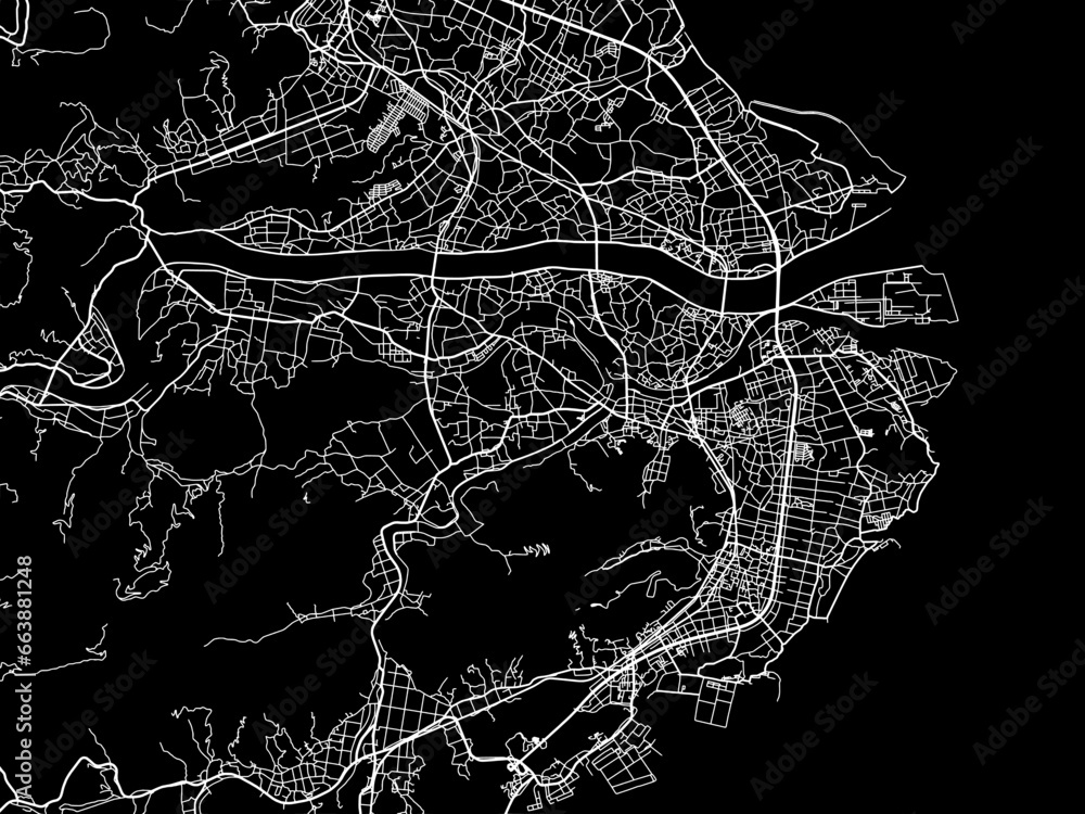 Vector road map of the city of  Anan in Japan with white roads on a black background.
