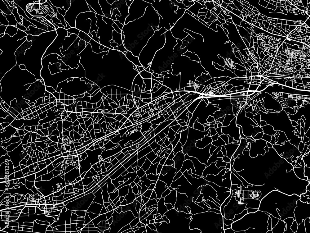 Vector road map of the city of  Annaka in Japan with white roads on a black background.