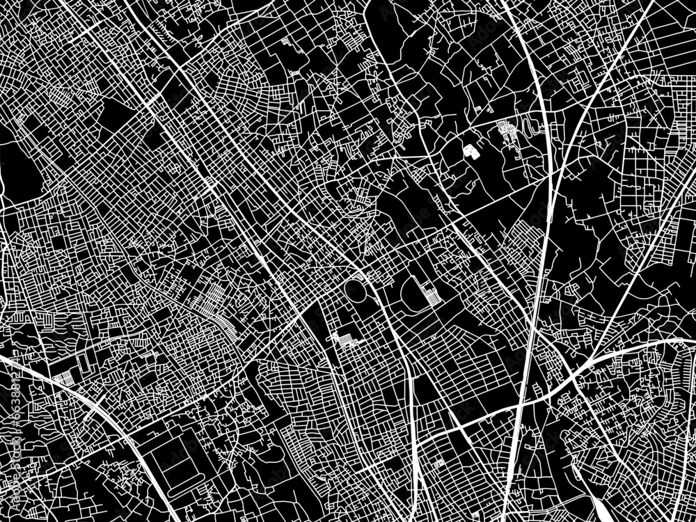 Vector road map of the city of  Ageoshimo in Japan with white roads on a black background.