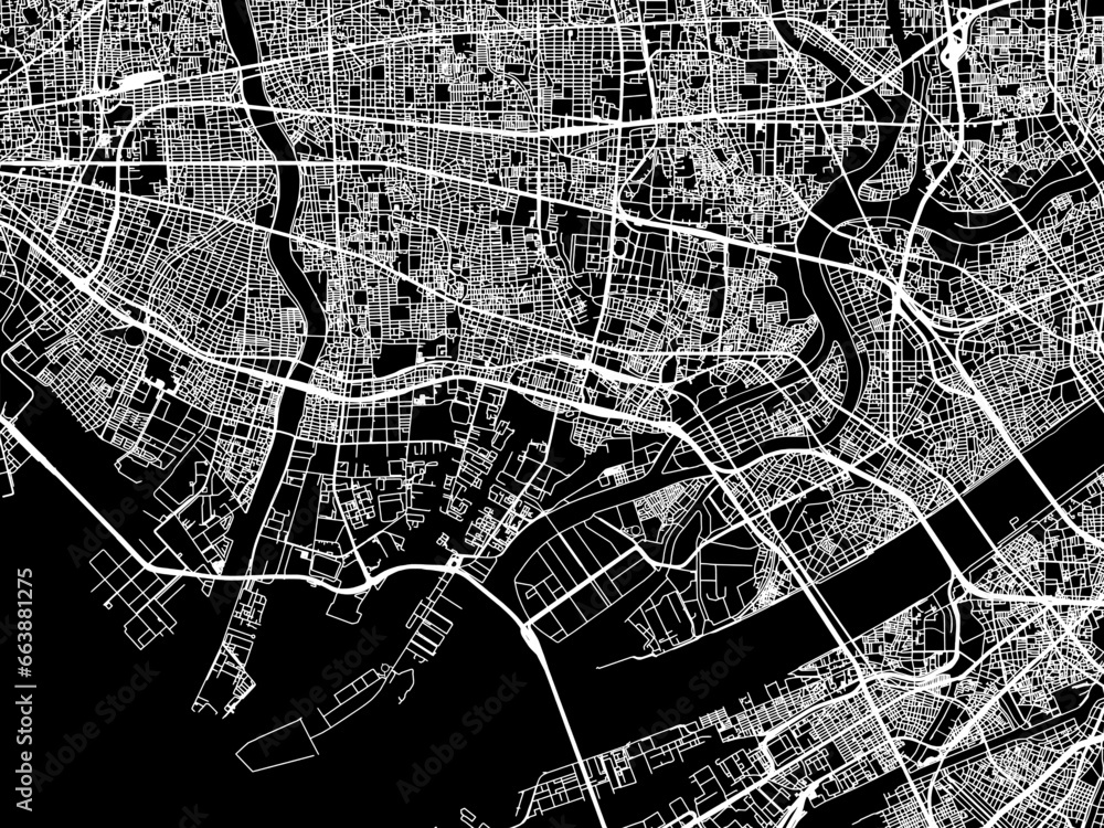 Vector road map of the city of  Amagasaki in Japan with white roads on a black background.