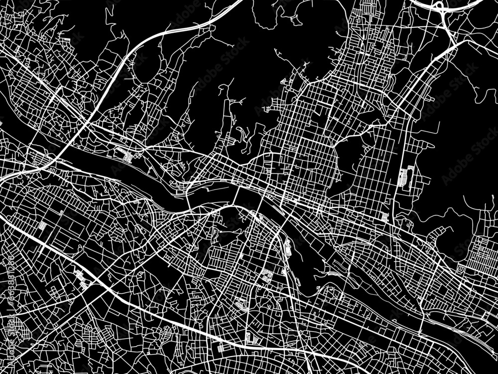 Vector road map of the city of  Ashikaga in Japan with white roads on a black background.