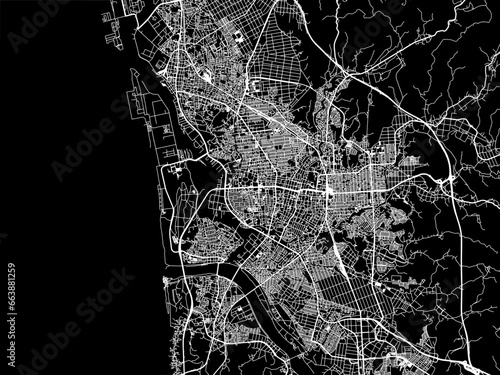Vector road map of the city of Akita in Japan with white roads on a black background.