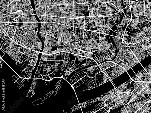 Vector road map of the city of  Amagasaki in Japan with white roads on a black background. photo