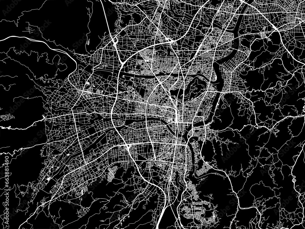 Vector road map of the city of Fukushima in Japan with white roads on a black background. Vector road map of the city of Fukushima in Japan with white roads on a black background.