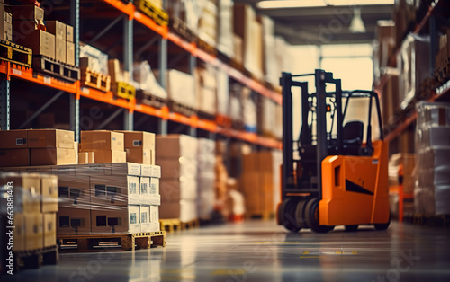 A large warehouse full of shelves with goods in cartons, pallets, and forklifts. Logistics, and transportation concept on blurred background. Product distribution center.
