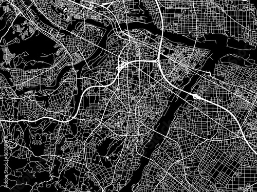 Vector road map of the city of Fujioka in Japan with white roads on a black background.