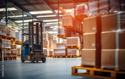A modern storehouse full of shelves with goods in cartons  pallets  and forklifts. Logistics  and transportation concept on blurred background. Product distribution center.