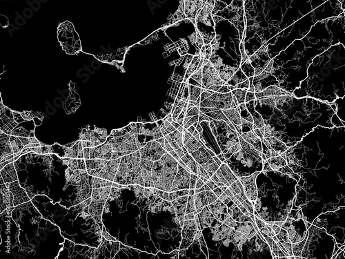 Vector road map of the city of  Fukuoka in Japan with white roads on a black background.
