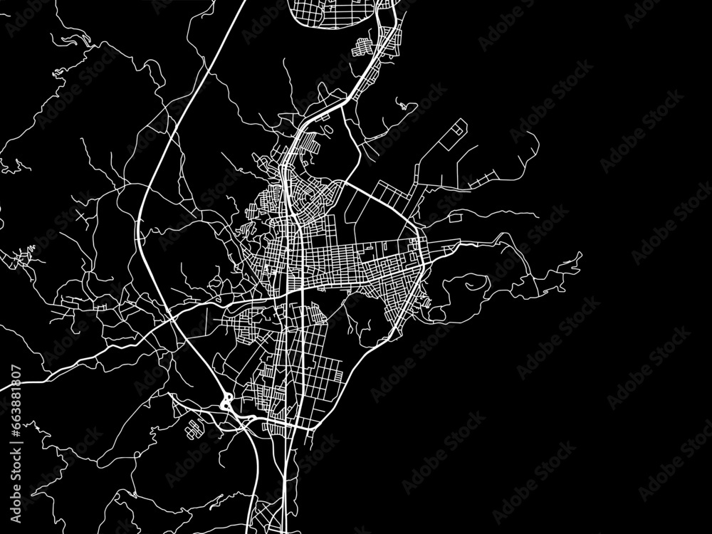 Vector road map of the city of  Hyuga in Japan with white roads on a black background.