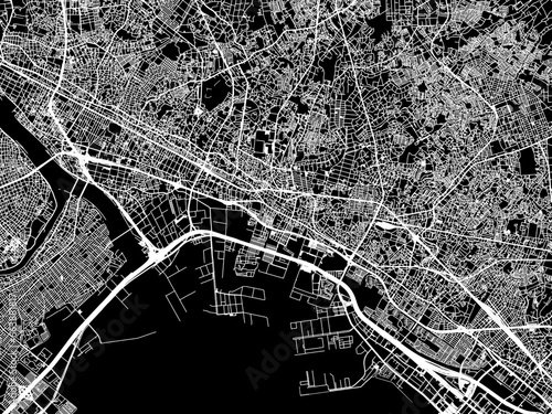 Vector road map of the city of  Honcho in Japan with white roads on a black background.