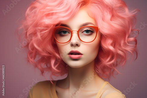 Beautiful young woman with pink hair and pink sunglasses portrait