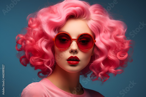 Beautiful young woman with pink hair and pink sunglasses portrait © Oksana