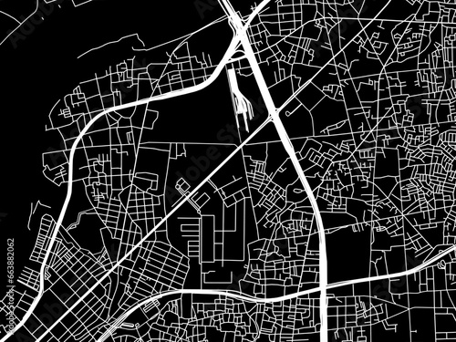 Vector road map of the city of  Kadoma in Japan with white roads on a black background.