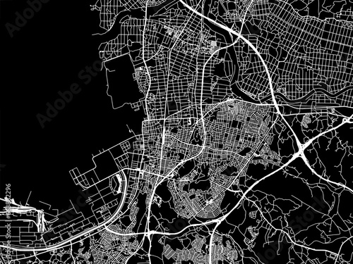 Vector road map of the city of  Kisarazu in Japan with white roads on a black background.