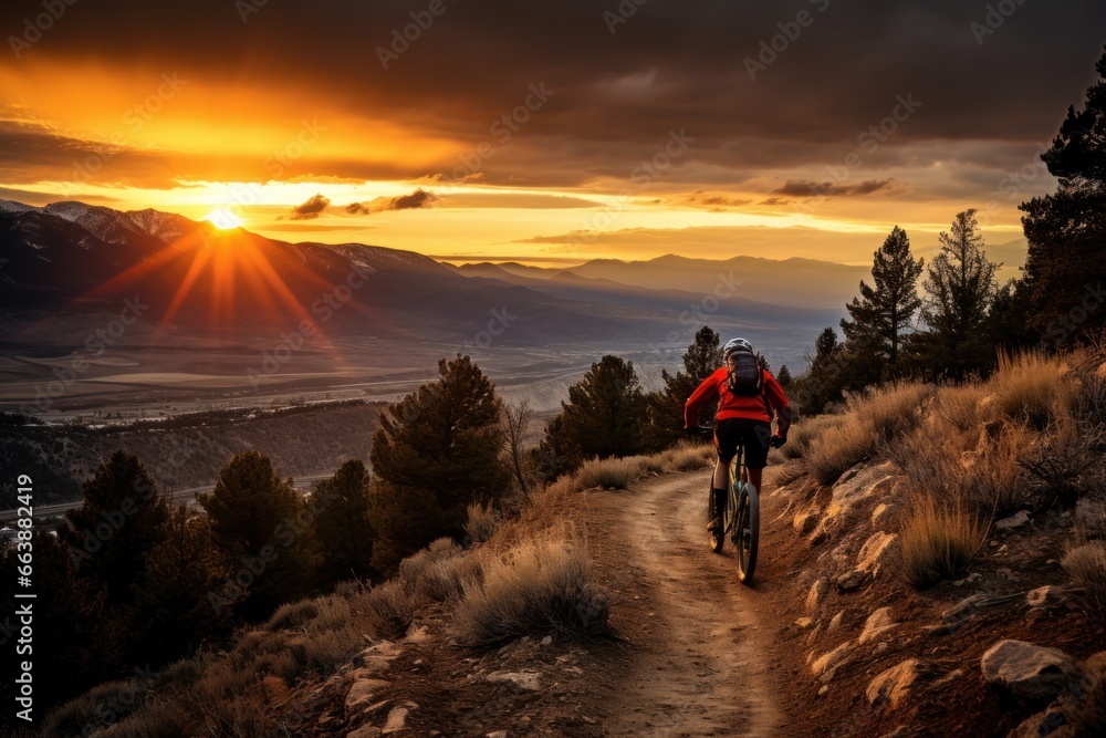 Fototapeta premium Mountain biker on a trail at sunset.
