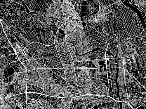 Vector road map of the city of  Koshigaya in Japan with white roads on a black background. photo
