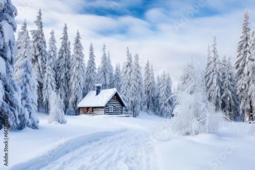 Snowy winter landscape with pine trees and a wooden cabin.