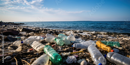 plage polluée avec de nombres détritus et bouteilles de plastique