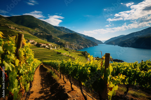 Idyllic landscape photograph of Cinque Terre, an Italian island, showcasing colorful cliffside houses, azure Mediterranean waters, lush green terraced vineyards