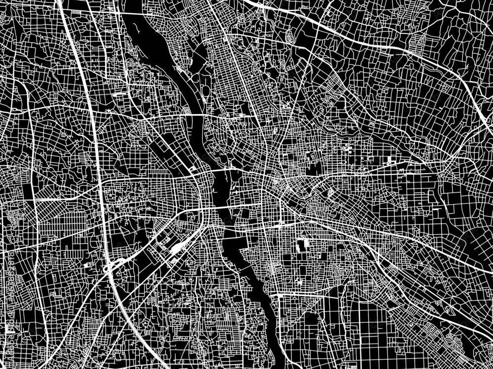Vector road map of the city of  Maebashi in Japan with white roads on a black background.