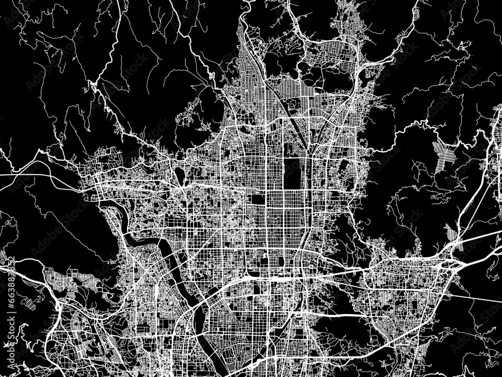 Fototapeta premium Vector road map of the city of Kyoto in Japan with white roads on a black background.