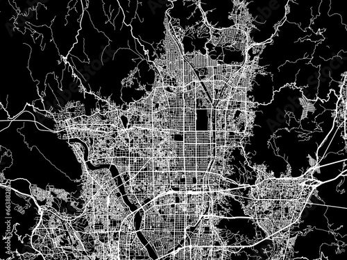 Vector road map of the city of  Kyoto in Japan with white roads on a black background.